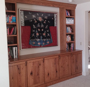 oak builtin bookcase bookshelf kimono